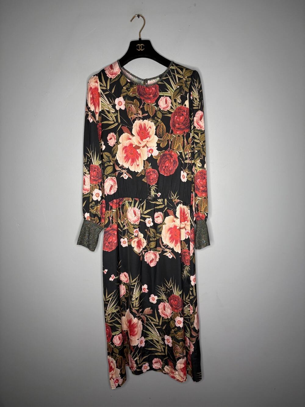 Imperial Black Floral Long Sleeve Maxi Dress Size XS Bohemian Boho Midi